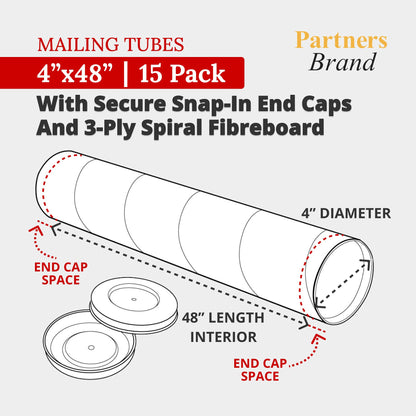 PARTNERS BRAND Cardboard Tubes with Caps, 48"L x 4"W x 4"H, Pack of 15 | Poster Tube for Mailing and Storage of Blueprints, Artwork, Crafts, Long Art Holder, 48 inches