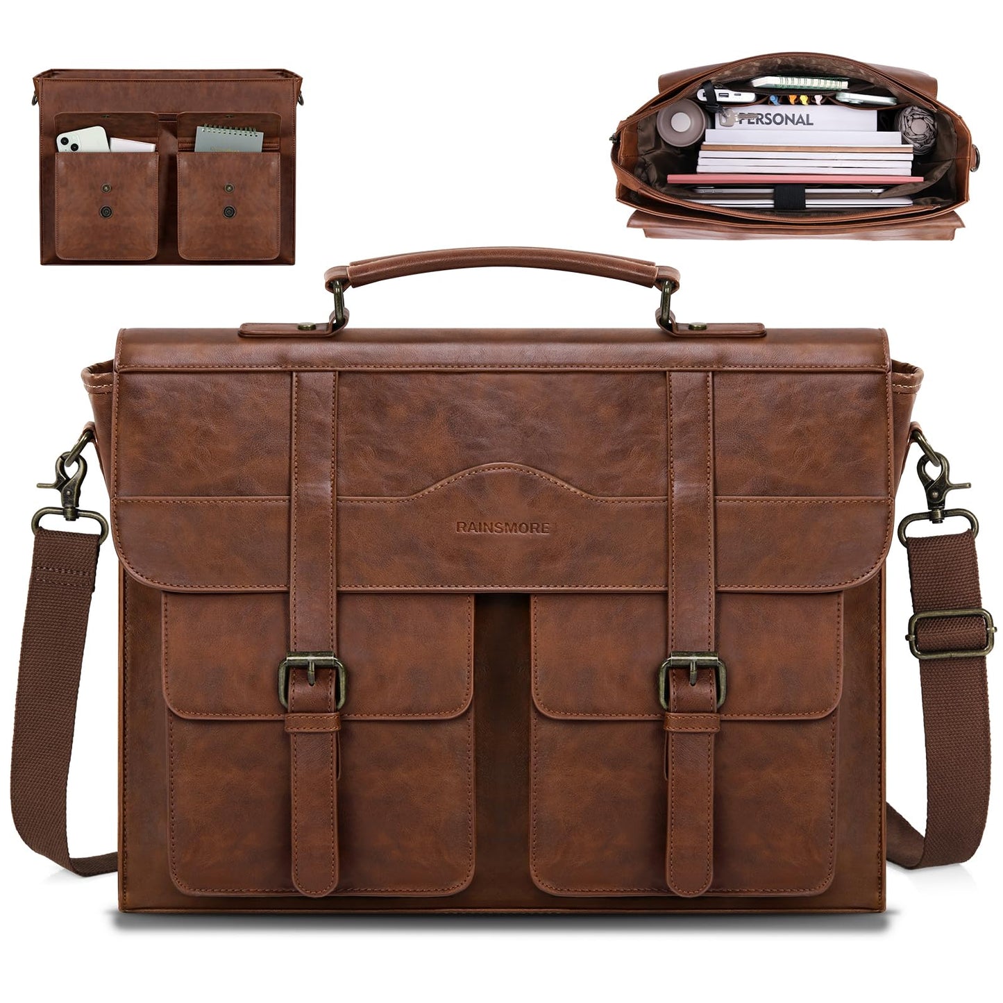 RAINSMORE Mens Messenger Bag 17 Inch Vintage Leather Laptop Briefcase Magnetic Closure Large Satchel Computer Shoulder Bag for Office Travel College, Brown