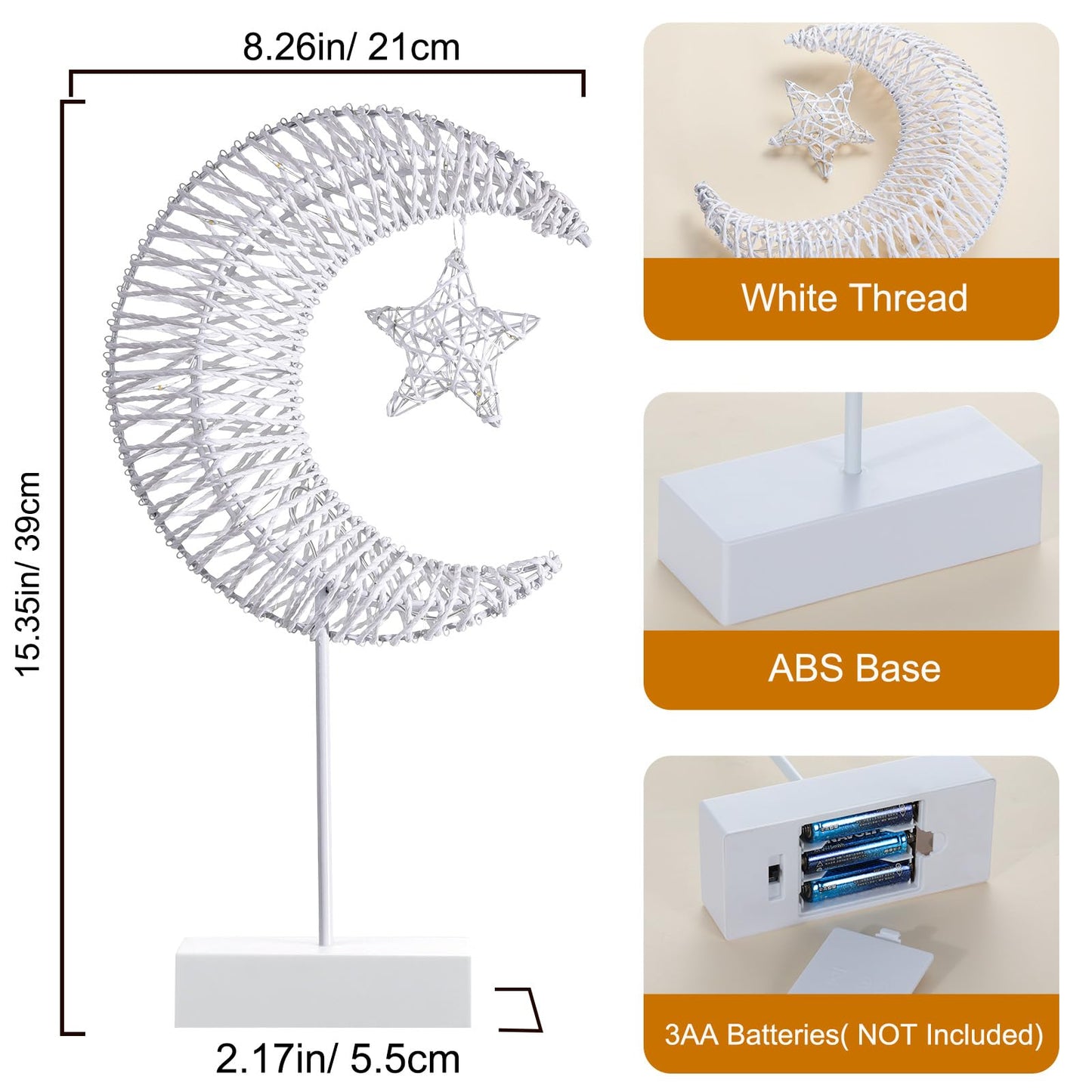 Lewondr Decorative Table Lamp, Christmas Moon Star Ramadan Desk Lamp Battery Powered Warm LED Crescent Light for Xmas Home Bedroom Bedside Desktop Nightstand Decoration, White