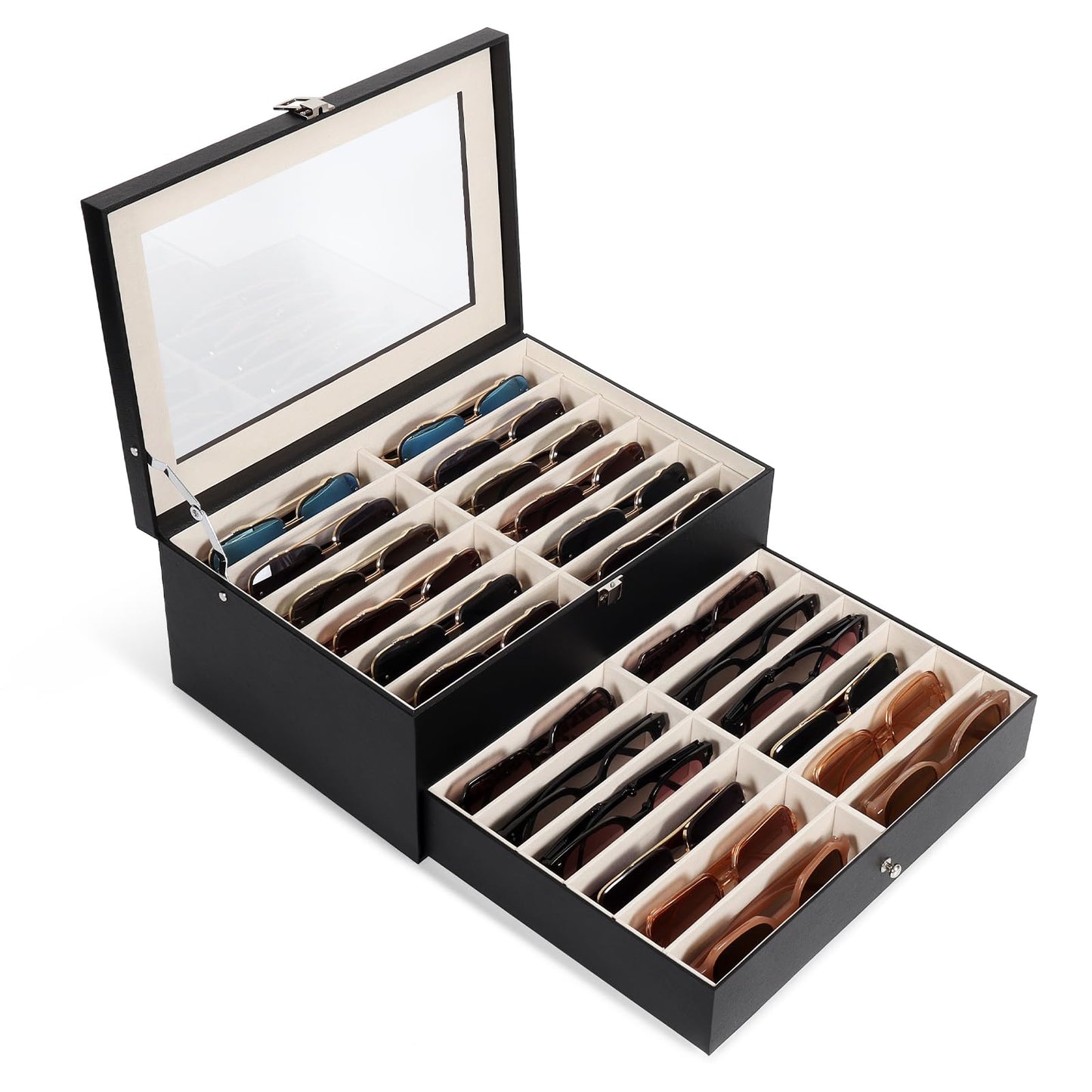 Huvon Sunglasses Storage Organizer Case with 24 Adjustable Slots, 2 Layer Multi Eyeglass Glasses Display Box with Lid Women