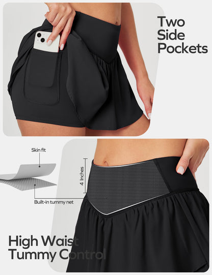 Ewedoos Womens Flowy Shorts with Pockets Tummy Control Athletic Shorts for Women Running Shorts Tennis Skirt Skort Black