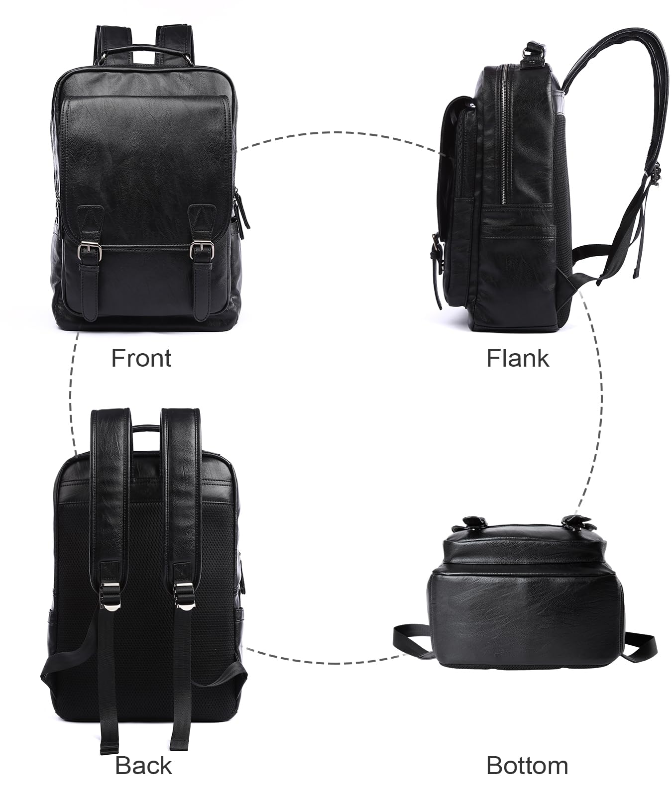 MOYYI Leather Backpack fits 15.6 Inch Laptop Vintage Backpack Waterproof Flap Bookbag for Men Leather Travel Backpack for Men Casual Knapsack Black