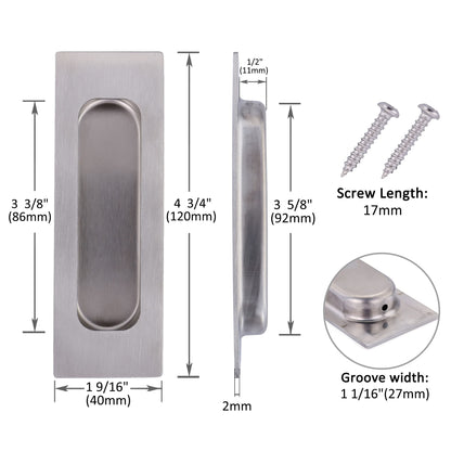 Lpraer 2 Pack Flush Pulls for Sliding Doors 4.75"x1.6" Brushed Nickel Stainless Steel Rectangular Recessed Barn Door Pulls for Closet Cabinet Doors