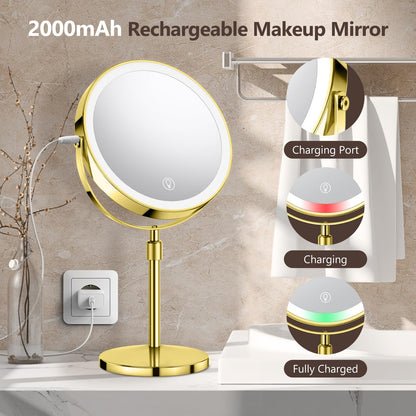 Lighted Makeup Mirror, Rechargeable Height Adjustable Double Sided, 1x/10x Magnifying with 3 Color, Brightness Adjustable, 360° Rotation Vanity, Gift for Women