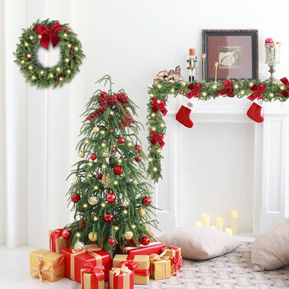 26 Inch Christmas Wreaths for Front Door with Lights,Lighted Cedar Door Wreath,Prelit Real Touch Artificial Green Winter Wreath with Large Burgundy Velvet Bow for Indoor Outdoor Decor