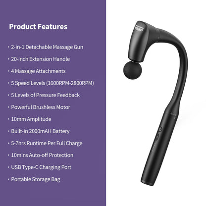 CAREKING 2-in-1 Detachable Muscle Massage Gun Deep Tissue with 20'' Extension Handle, Back and Neck Massager for Pain Relief, Handheld Massager for Shoulder Lower Back Leg Waist, FSA-HSA Eligible