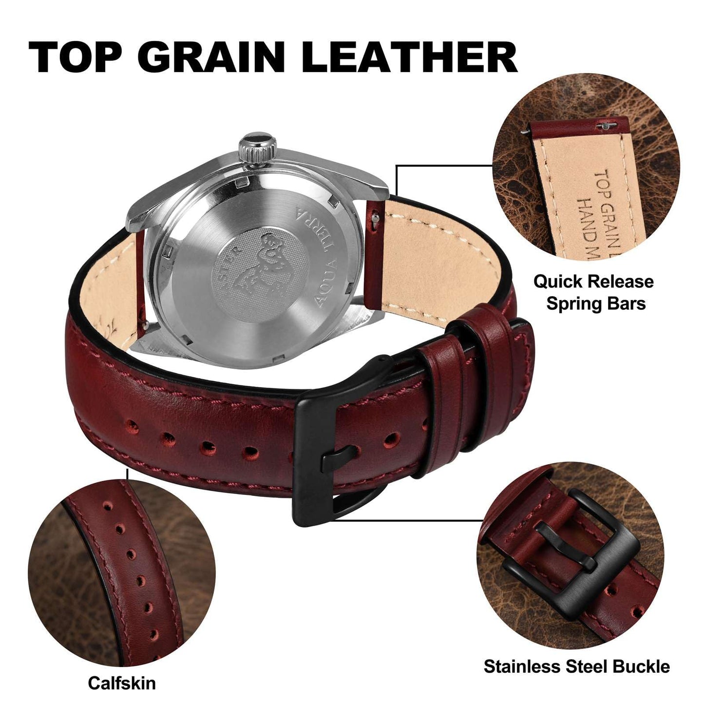 BISONSTRAP Leather Watch Strap for Men and Women, Oil Pull-Up Leather, Quick Release Replacement Bands, 20mm, Burgundy (Black Buckle)