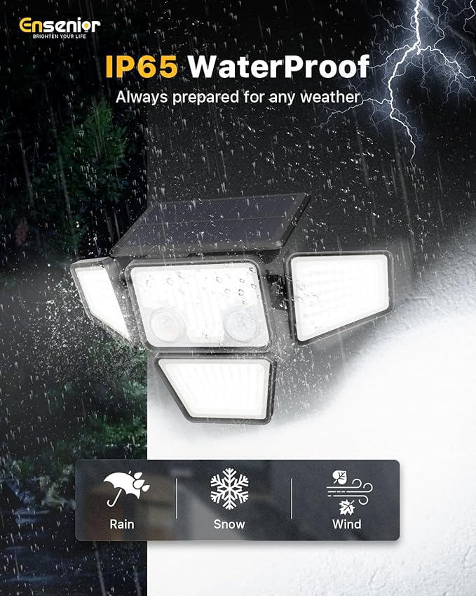 Ensenior Solar Lights Outdoor, IP65 Waterproof Motion Sensor Outdoor Light with Remote Control, 279 LED 4 Heads Solar Security Light with 4 Mode, 270° Wide Angle Solar Flood Light for Outside, 4 Packs