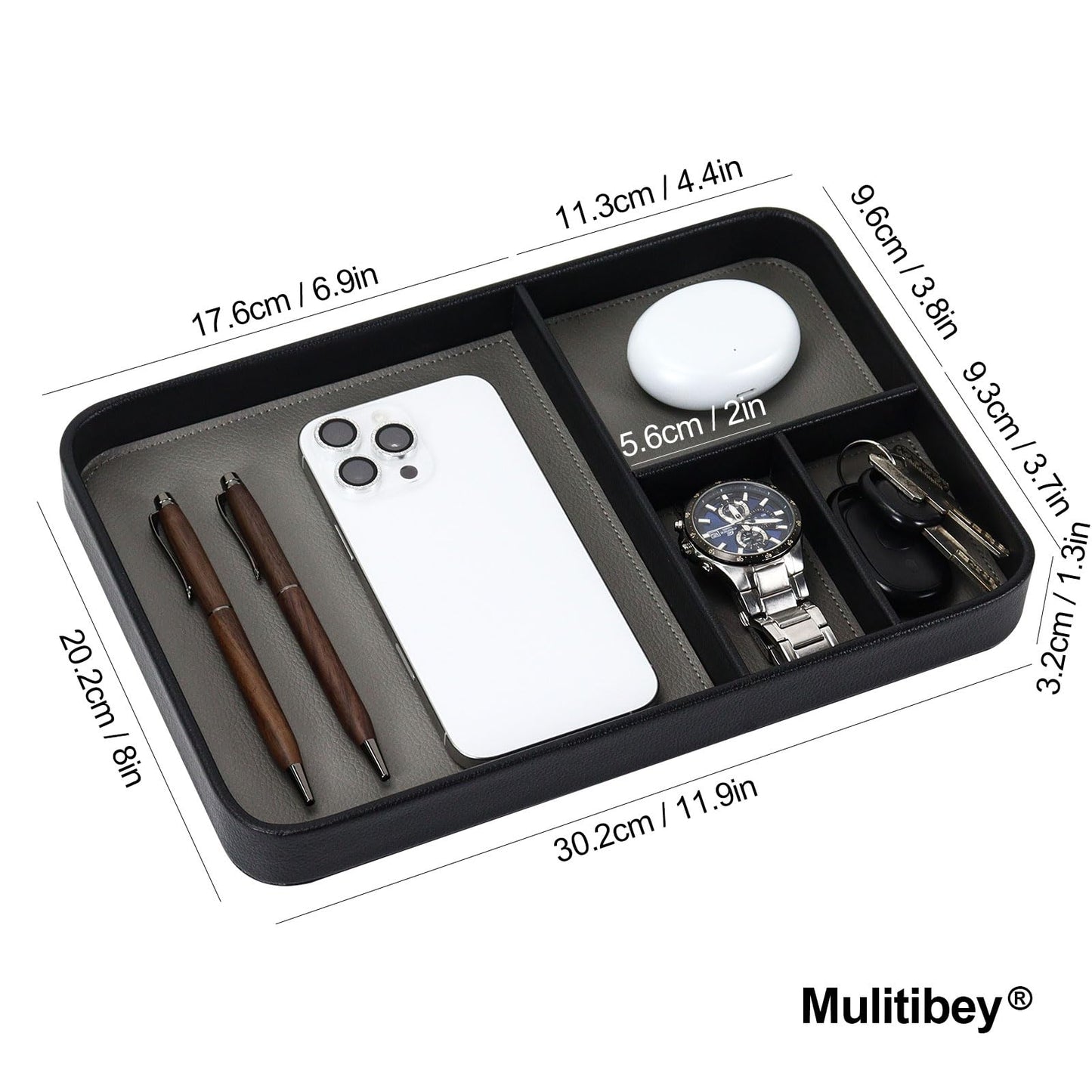 MultiBey Vegan Leather Valet Tray - 4-Compartment EDC Catchall Tray for Nightstand & Entryway Table - Minimalist Desk Organizer for Keys, Wallet, Watch, Phone & Jewelry Black