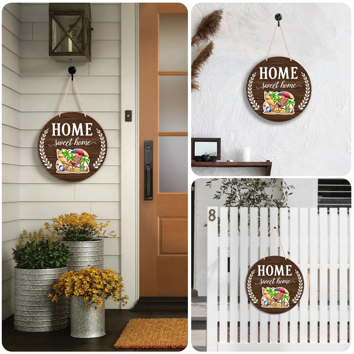 Interchangeable Welcome Sign Summer Patriotic 4th of July Front Porch Decor, Rustic Round Wood Wreath Door Decoration, Home Sweet Home Sign for Spring Fall Winter All Seasons Holiday, Dark Brown