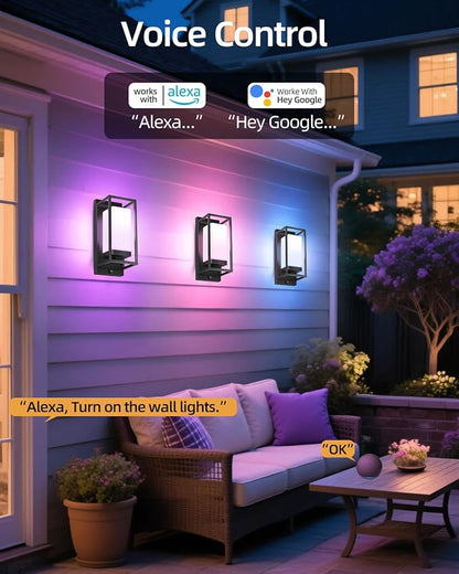 Smart Outdoor Wall Light, RGB Color Changing Sconce with App & Voice Control, Dusk to Dawn Outdoor Lighting, Adjustable 2700K–6500K, Waterproof Exterior Light Fixture for House Porch Garage, 2 Pack