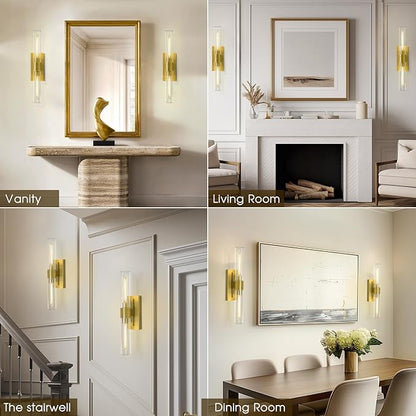 Brass Wall Sconces, 22.8" Bathroom Wall Sconce, Gold Wall Sconces Set of 2, 2-Light Dimmable Wall Sconce, Sconces Wall Lighting With Glass, Bathroom Vanity Light, Tube Sconce for Living Room, Hallway