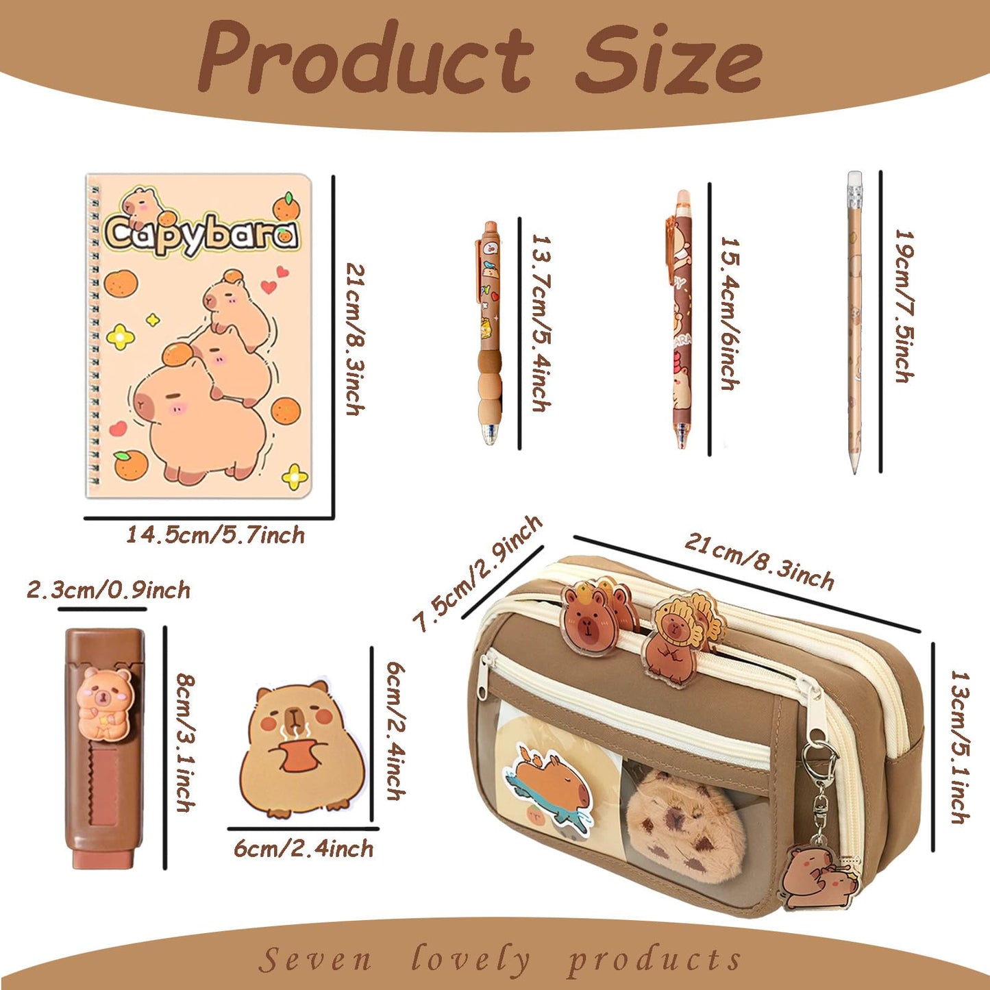 Cute Capybara Stationery Set - Large Pencil Case, 4 A5 Spiral Notebooks, 10 Ballpoint Pens (2 Styles), 12 Pencils, 2 Erasers - Perfect Back-to-School Essentials and Birthday Gift for Kids (Capybara)