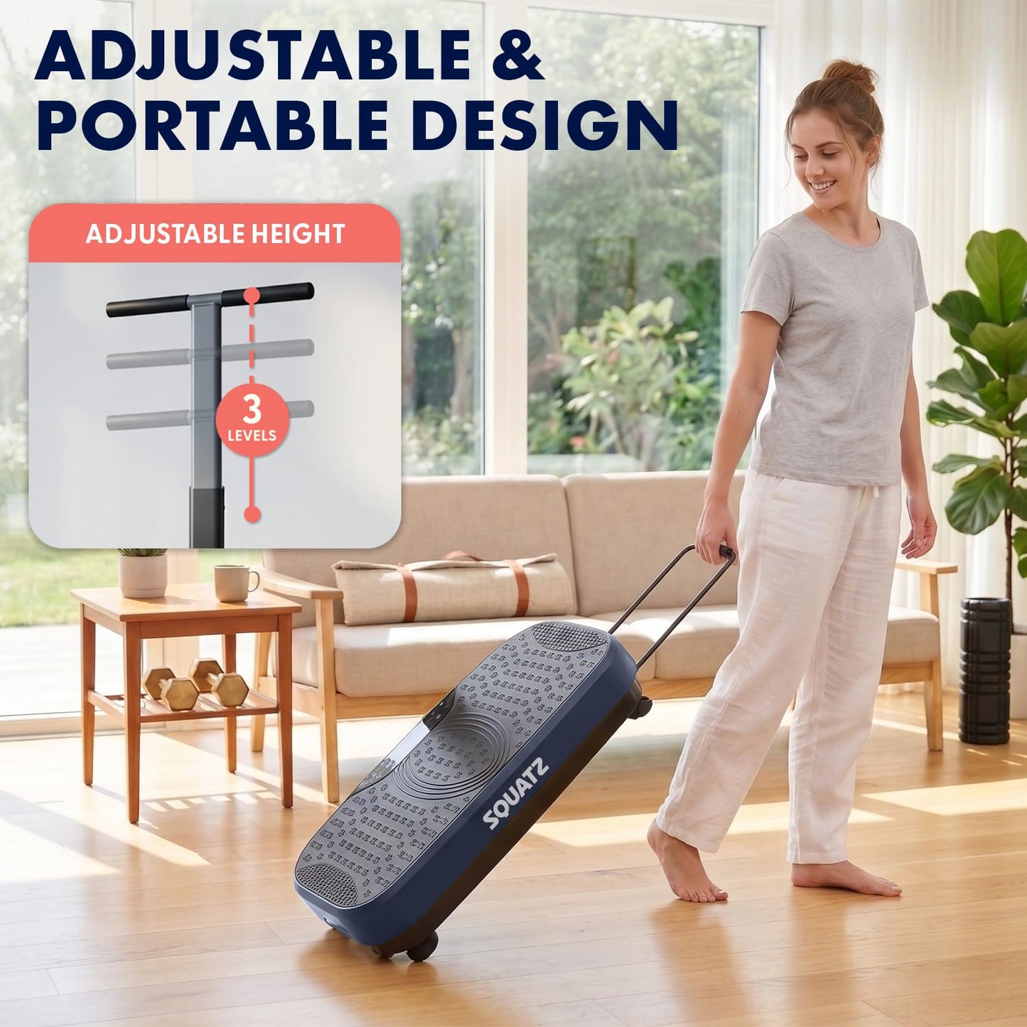 SQUATZ Vibration Plate Exercise Machine with Handlebar, Vibration Plate with Handles, 1-99 Speed Levels, 10 Preset Programs, Low-Impact Home Fitness Platform with Remote, Portable Design, Blue