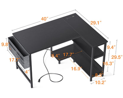 ODK 40 Inch Small L Shaped Gaming Computer Desk with Power Outlets, Reversible Storage Shelves & PC Stand for Home Office, Simple Writing Study Table with Storage Bag for Small Space, Black