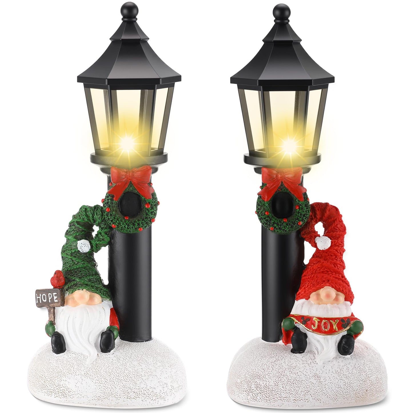 GlikCeil 2 Pcs Christmas Gnome Decorations 10" Resin Christmas Lighted Gnomes Figurines Table Decor Xmas Battery Operated Mini Street Statue for Home Fireplace Shelf