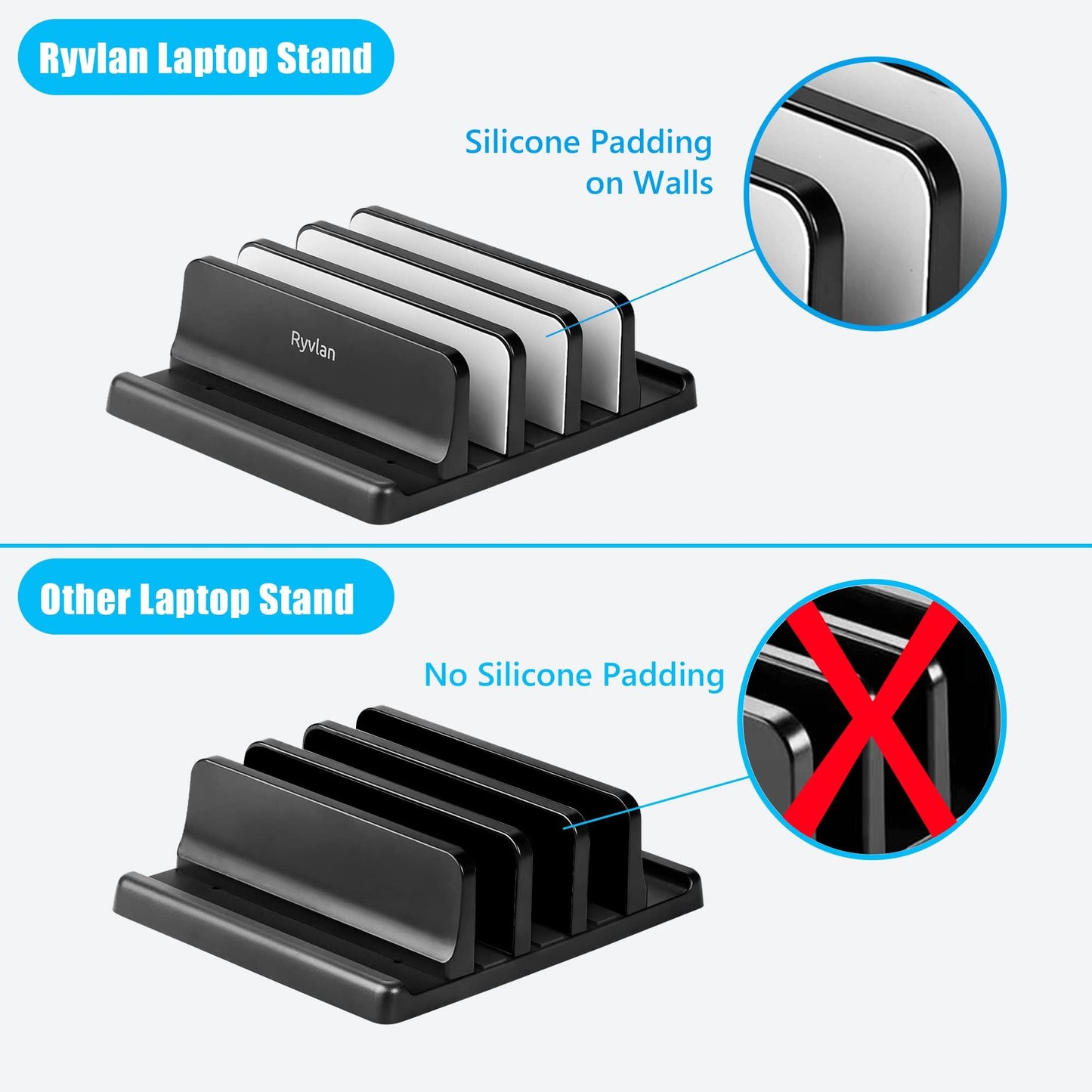 Ryvlan Vertical Laptop Stand, 3 Slot Adjustable Laptop Storage Rack and Desk Organizer, Silicone-Padded Holder for Multiple Devices Storage, Compatible Stand for Tablets and Devices up to 17 Inches