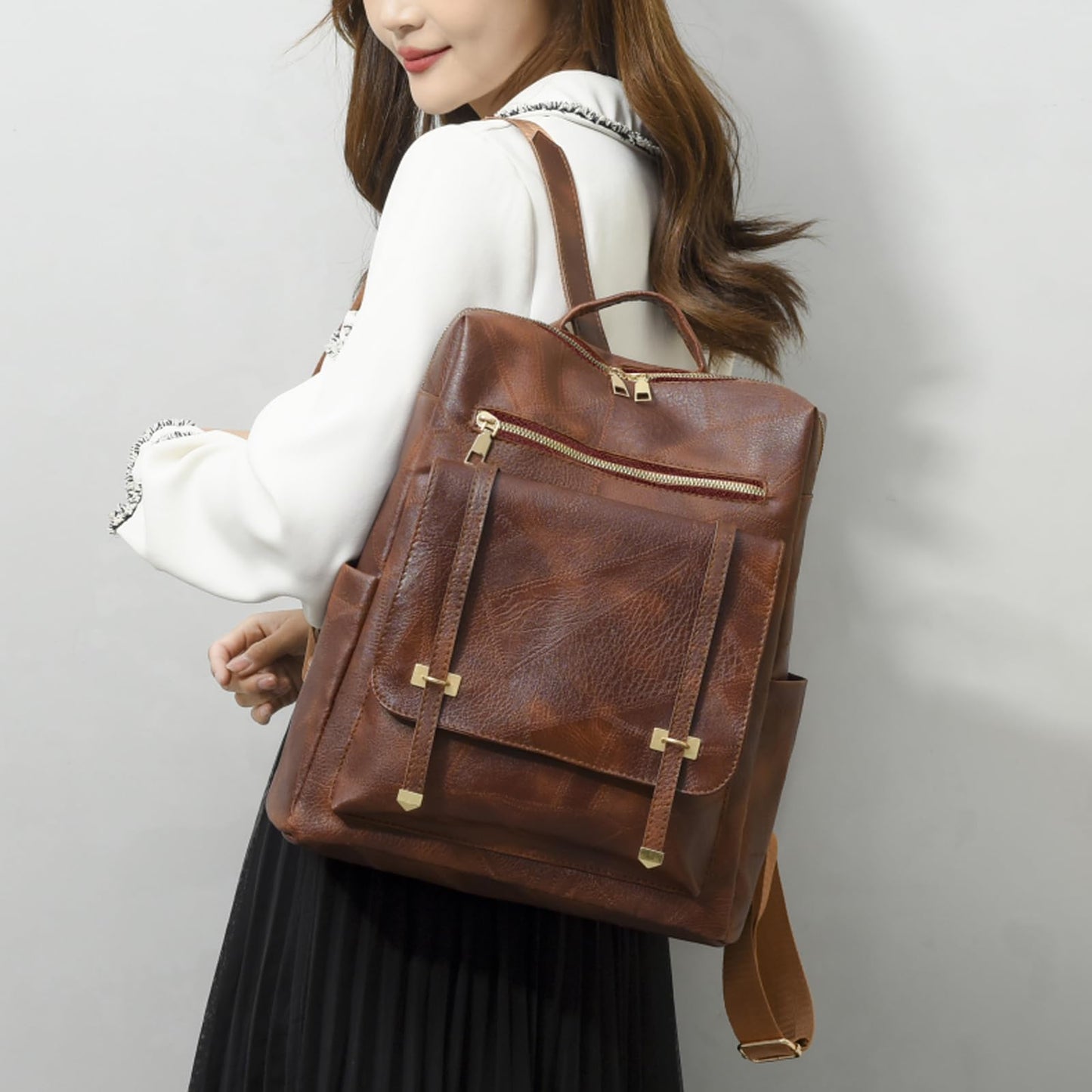 Marhaliya PU Leather Backpack Purse for Women Fashion Multipurpose Design Handbag Ladies Shoulder Bags Travel Backpack (Brown)