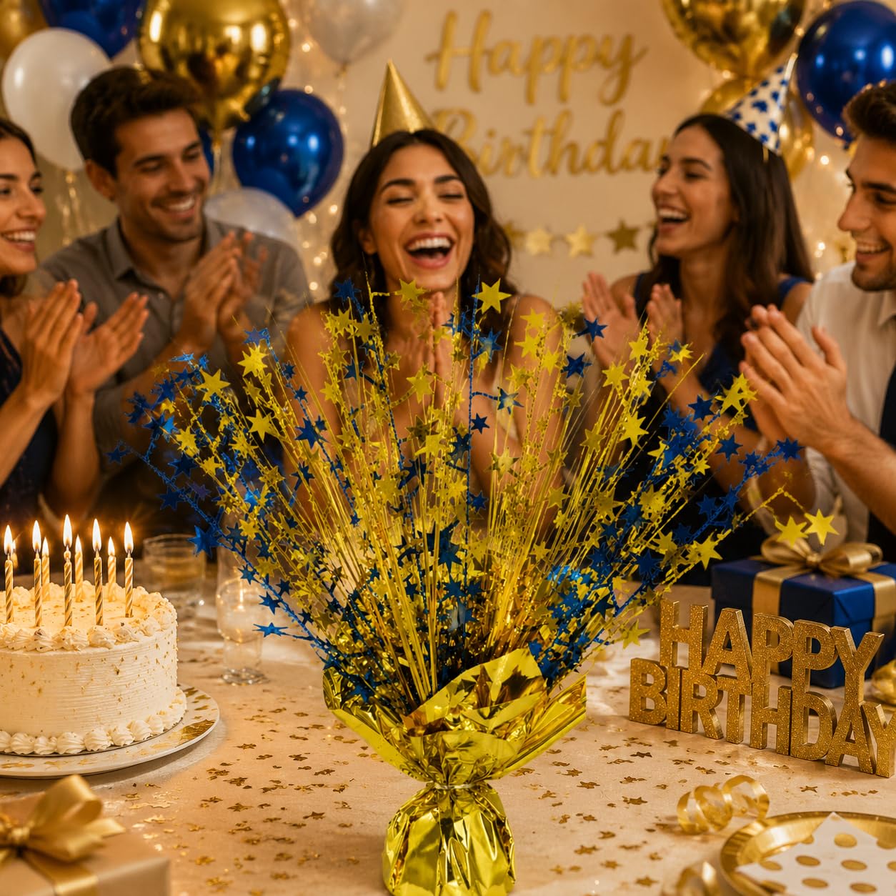 6 Pack Metallic Foil Spray Centerpiece Stars for Wedding, Birthday, Anniversary, Christmas Table Decor, Holiday Festival Baby Shower Graduation Mantle Party Decorations (Gold&Blue)