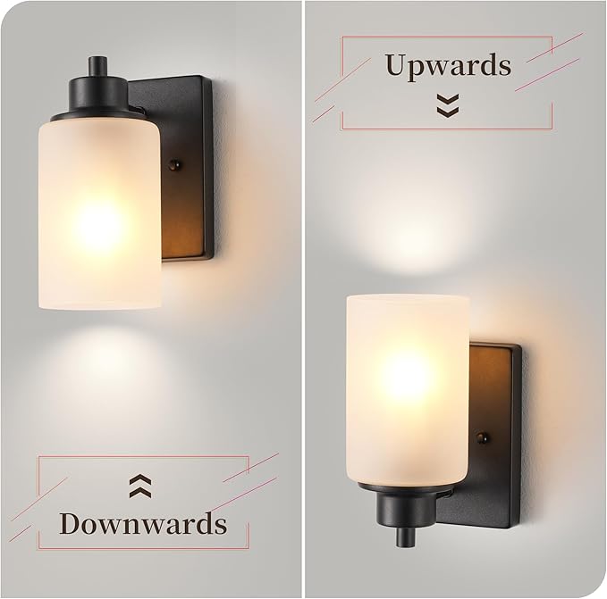 2-Pack Bath Vanity Light Fixture 1-Light, Indoor Farmhouse Bathroom Wall Sconces Lights for Living Room, Porch, Bedside, Black Finish with White Frosted Glass Shades Wall Mounted Lights