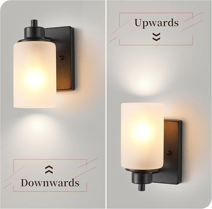2-Pack Bath Vanity Light Fixture 1-Light, Indoor Farmhouse Bathroom Wall Sconces Lights for Living Room, Porch, Bedside, Black Finish with White Frosted Glass Shades Wall Mounted Lights
