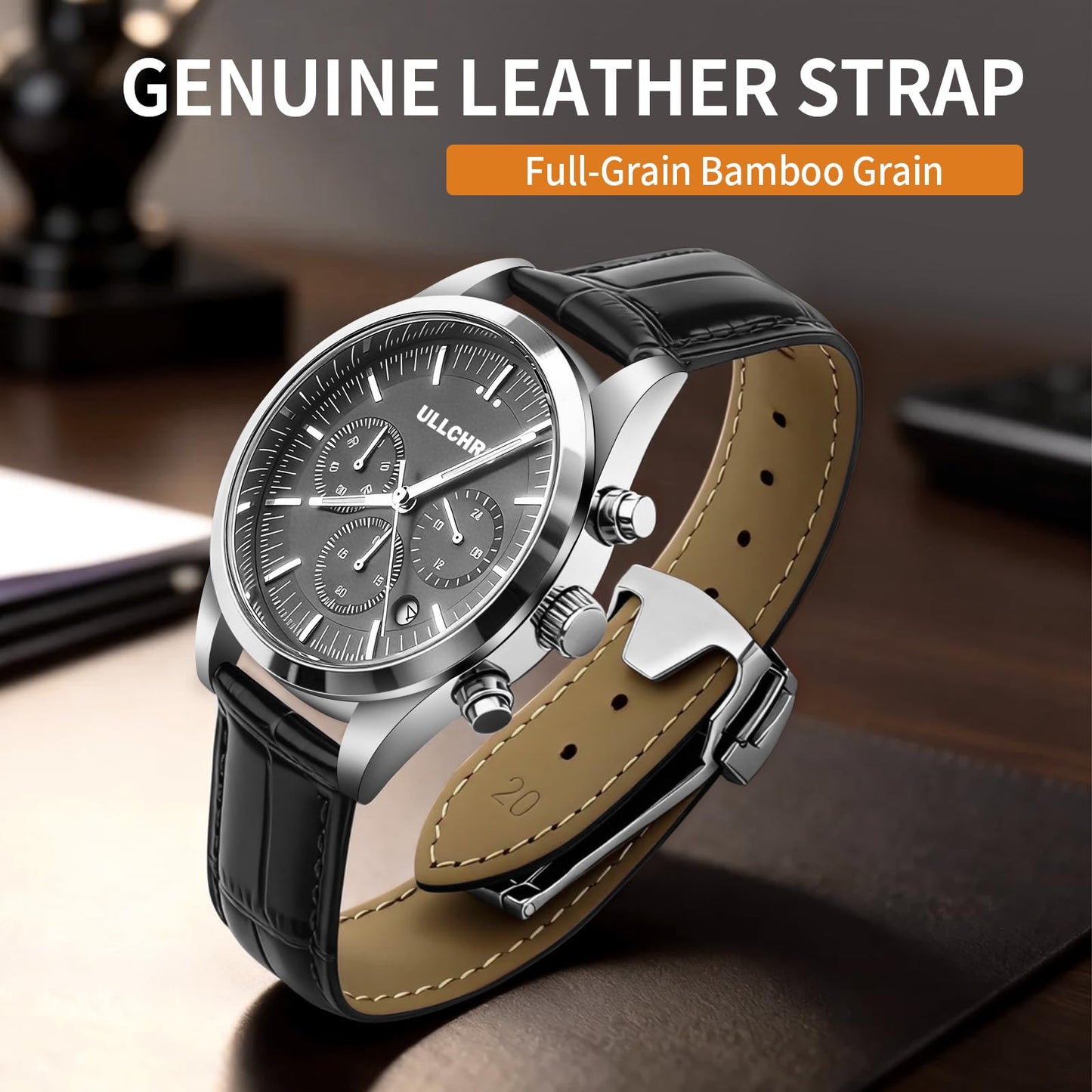 ULLCHRO Genuine Leather Watch Strap Deployment Clasp, 22mm Leather Watch Band for Men Women, Soft Ultrathin Classic Replacement, Premium Cowhide Vintage Stylish Accessory (20mm, Black)