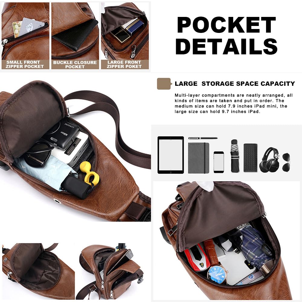 Peicees Leather Sling Bag Mens Crossbody Chest Bag Sling Backpack with USB Charge Port