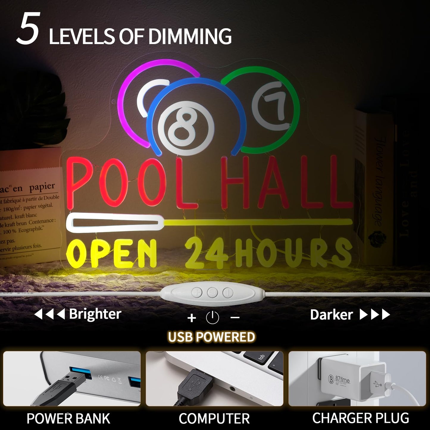 Runalosa Pool Hall Open 24 Hours Neon Sign Dimmable Billiards Neon Light Sign for Wall Decor Snooker Led Signs for Home Bar Game Room Party Man Cave Club Business Decor Gift for Man 16.5" x 12.3"