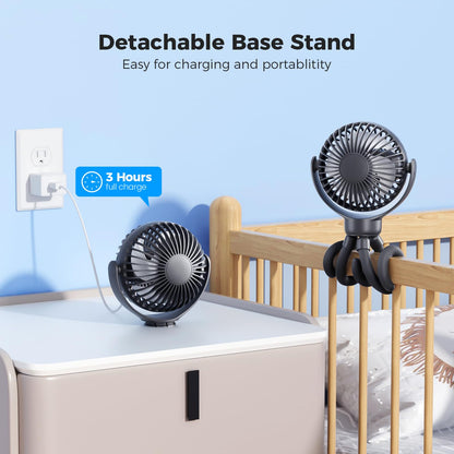 VETIFINAL Portable Baby Stroller Fan - 3-Speed Flexible Tripod Personal Fan Clip on for Bed, Rechargeable Battery Powered, Newborn Summer Cooling Essentials for Car Seat, Bike, Sleep, Travel (Black)