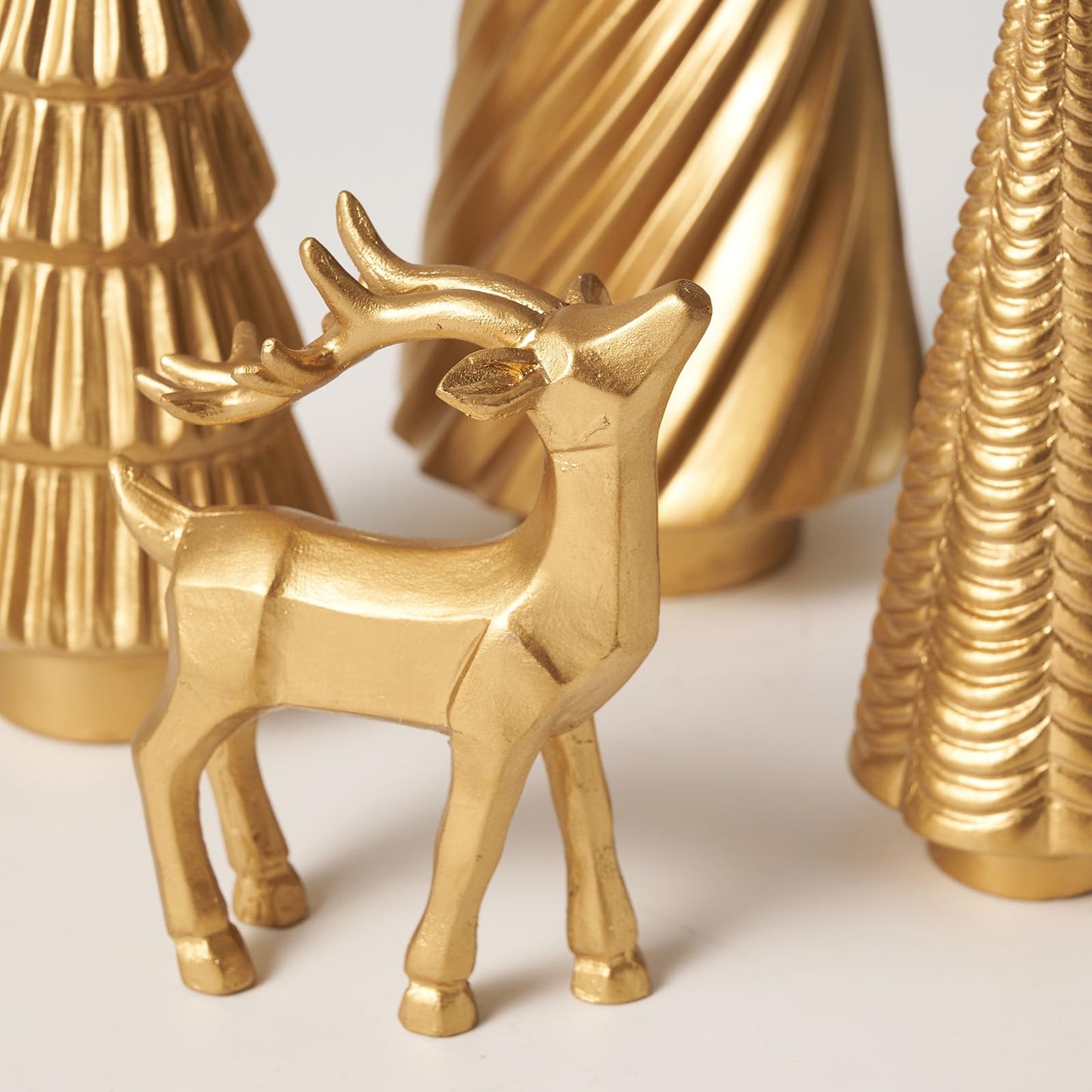 WDS WONDROUS Christmas Decoration Reindeer and Mini Trees Gold, Resin Reindeer Statues and Xmas Tree Figurines for Indoor Home Decor, Tabletop Mantle Cabinet Desktop Office