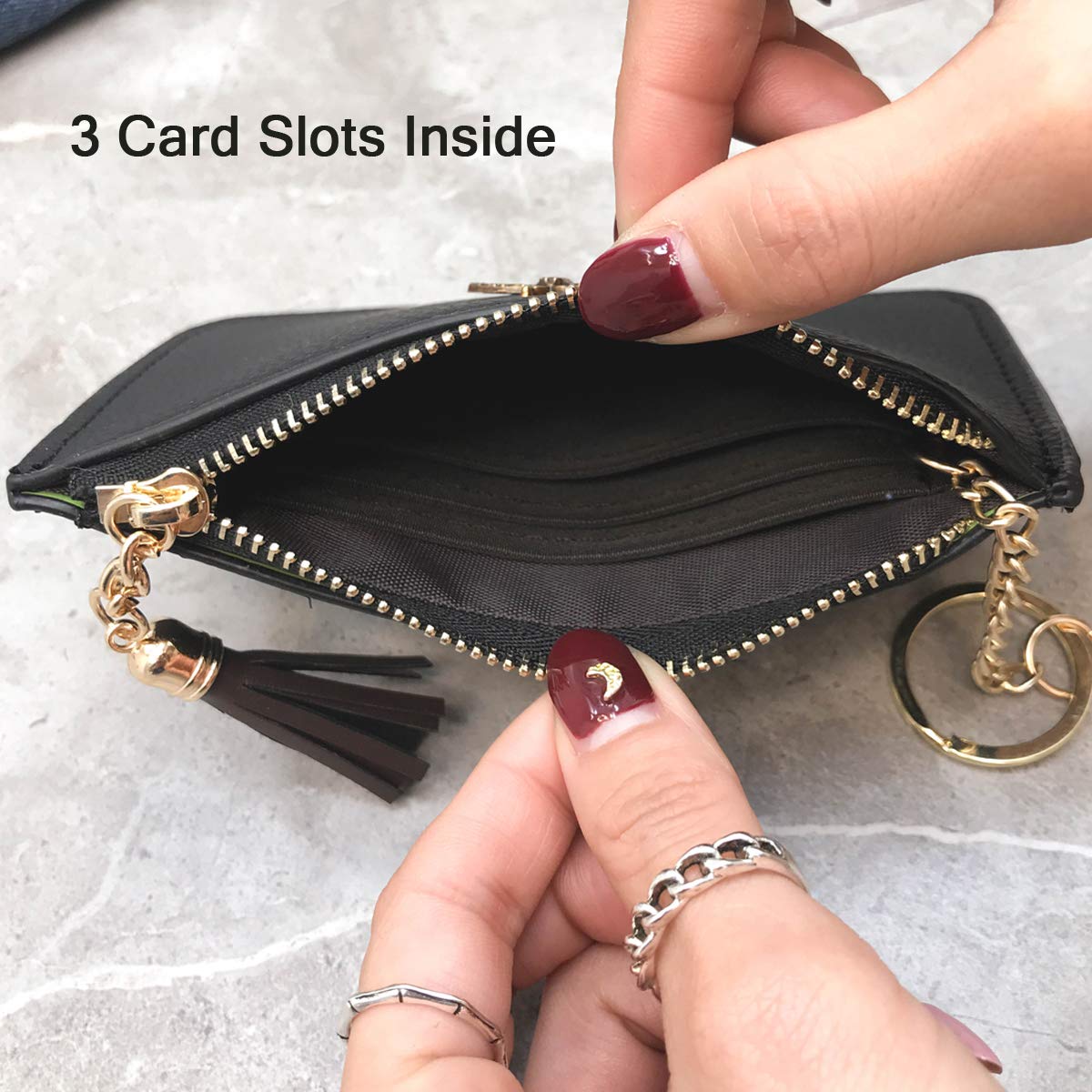AnnabelZ Coin Purse Change Wallet Pouch Leather Card Holder with Key Chain Tassel Zip(Black)