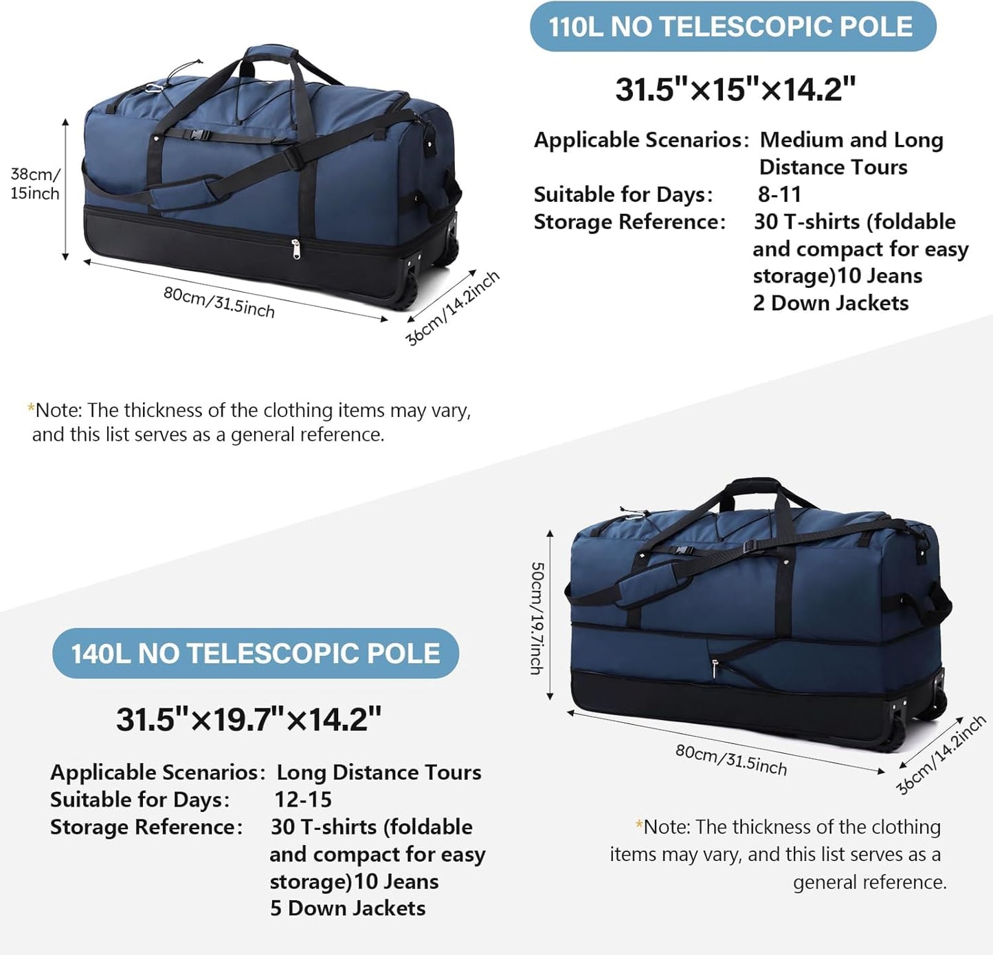 XWFB Rolling Duffle Bag with Wheels,110L/140L Expandable Soft-Sided Foldable Duffle Bag with 2 Rubber Wheels,Packable 32” Rolling Carry-On with Multi-Pockets & Compartments (Dark blue)