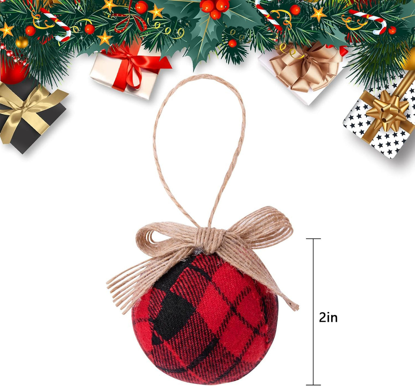 Deloky 16 Pcs Buffalo Plaid Fabric Ball- 2 Inch Christmas Fabric Wrapped Burlap Balls- Rustic Ball Ornaments with Bow for Christmas Tree Party Decoration Supplies
