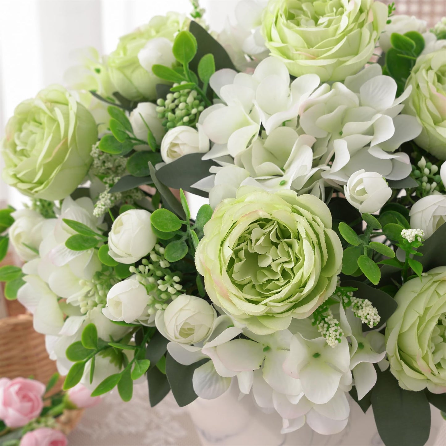 karoro 4 Bunches Peonies Artificial Flowers, Silk Peonies Flowers Fake Bouquet Faux Floral Arrangements for Centerpiece Table Wedding Party Home Decor (4, Green White)
