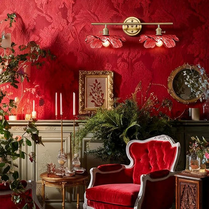 2 light bathroom Lighting Fixture vintage vanity light with Red Flower Glass Shade mid century wall light art deco Bathroom vanity Lights Over Mirror gold brass wall sconce for Hallway Living Room