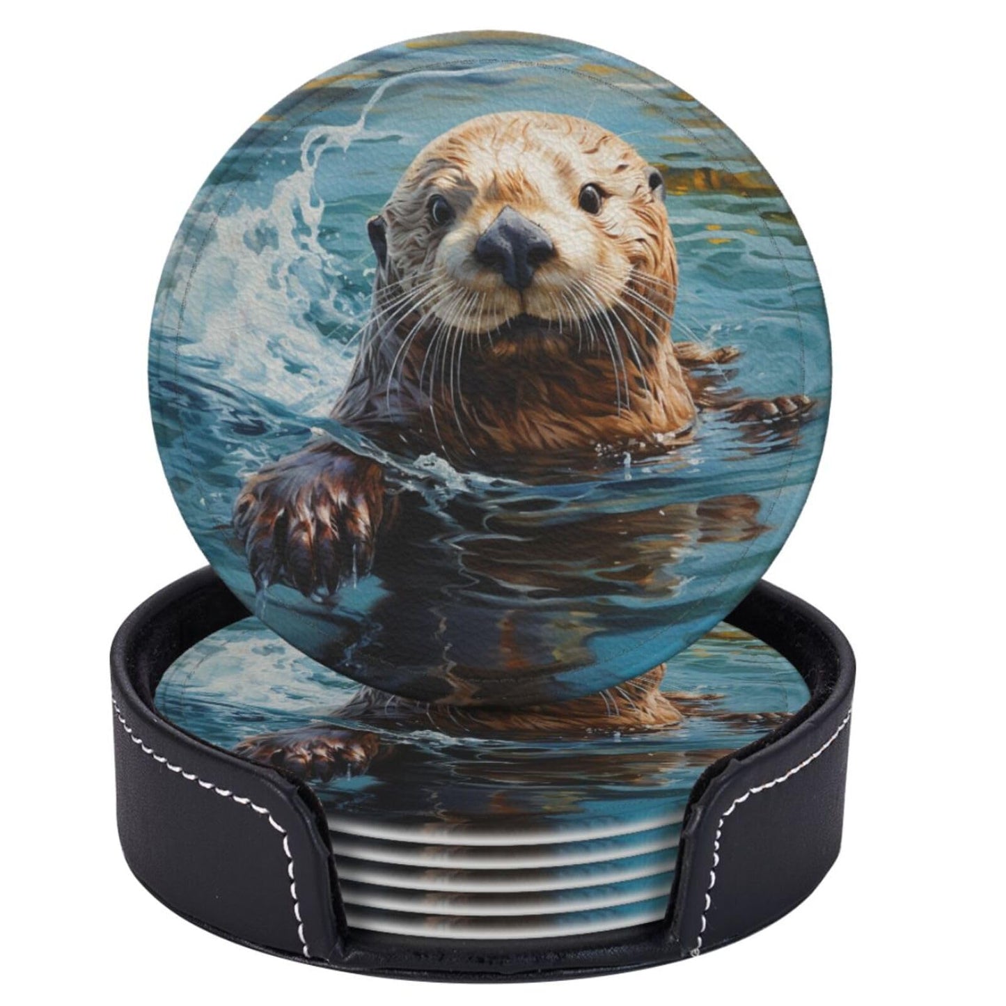 Famame 6 Pcs Cute Sea Otter Leather Coasters for Drinks with Holder Coaster Sets Drink Table Cup Coasters for Living Room Kitchen Coffee Decor
