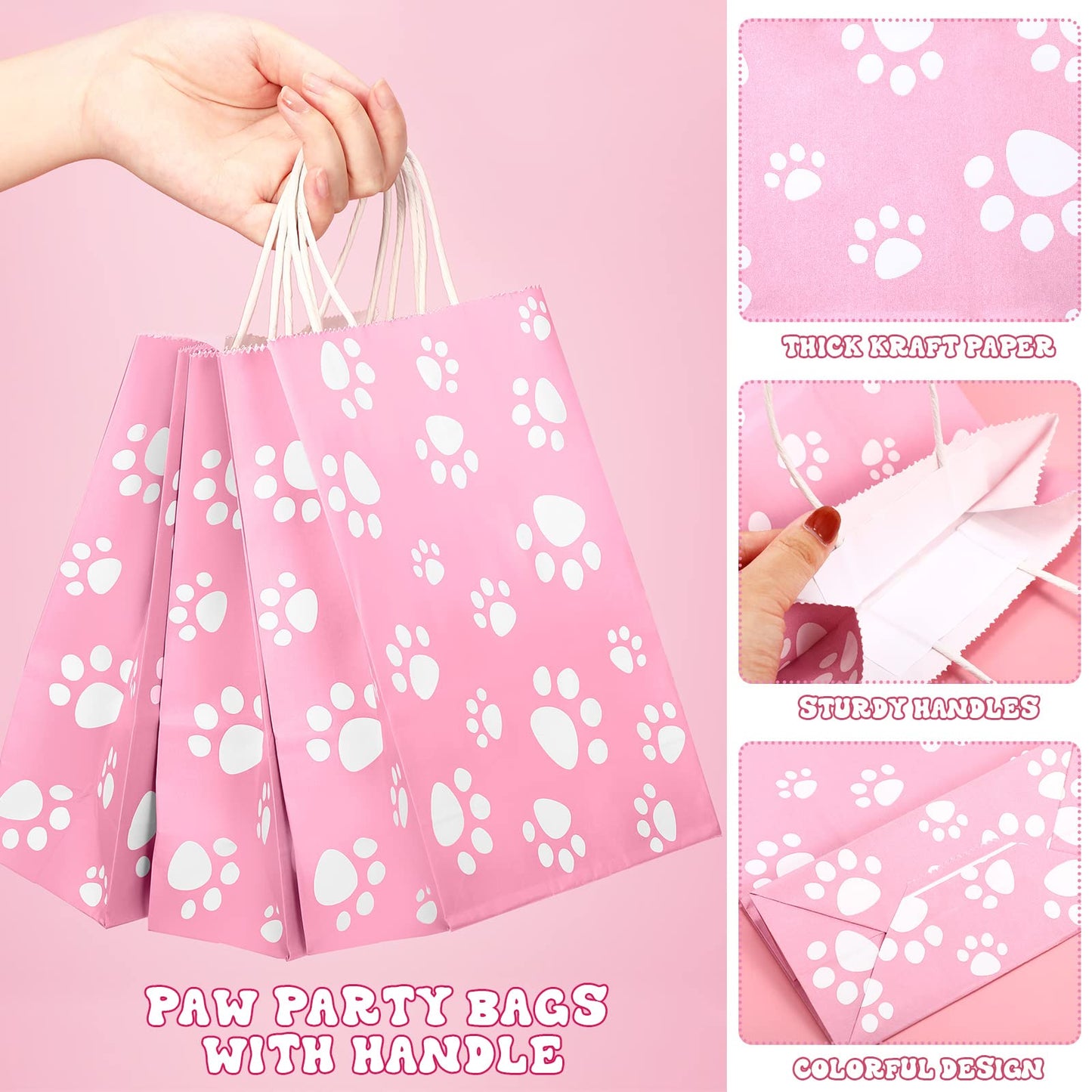 Blulu 20 Pcs Puppy Dog Paw Gift Bags with Paper Twist Handles, Dog Gift Paper Paw Treat Goodie Bags for PET Treat Party Favor, 6.3 x 3.1 x 8.6 Inch(Pink Backing)