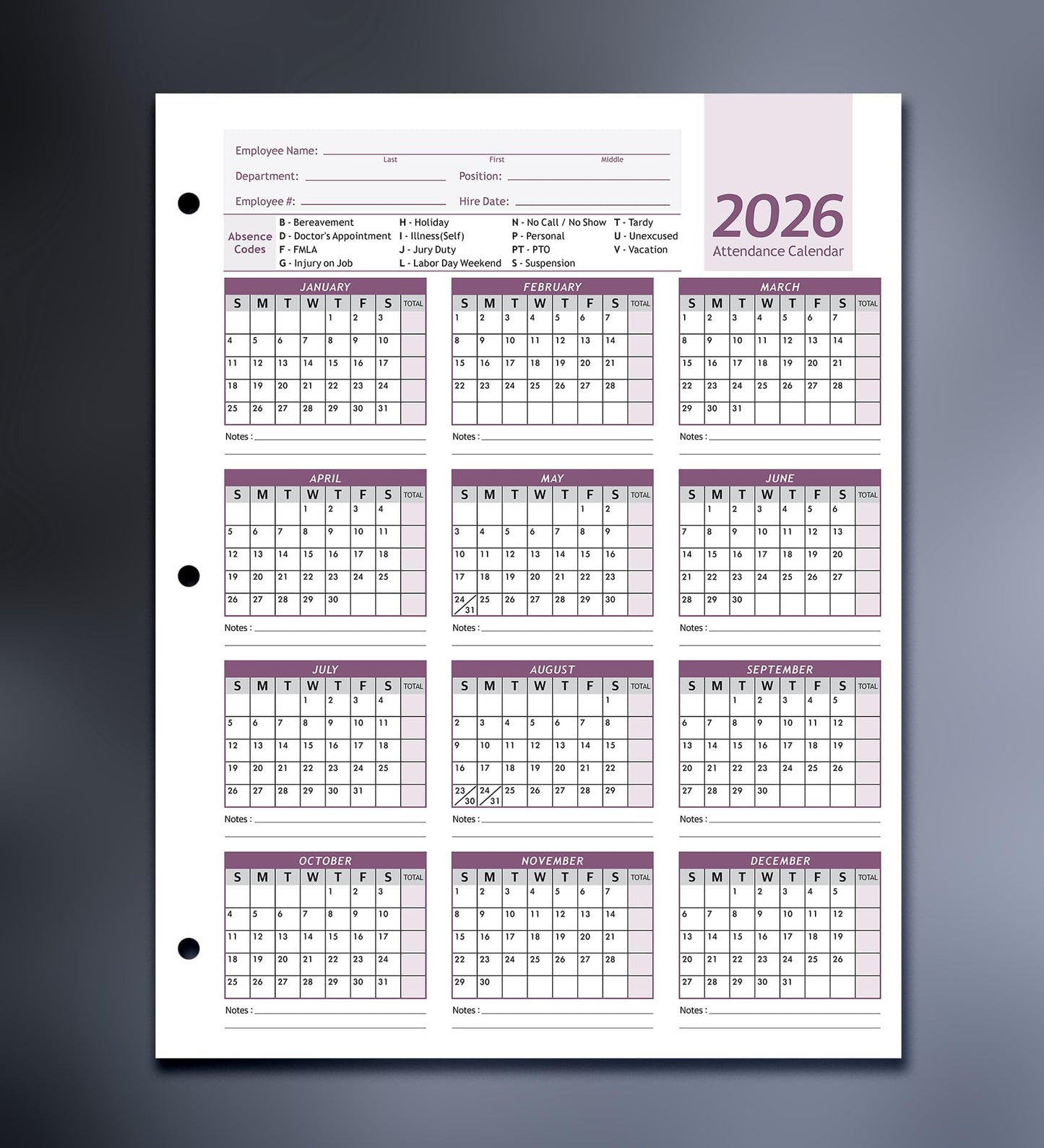 Attendance Calendar Employee Card Attendance Record Tracker 2026, Heavy 100lb Cardstock Paper 8.5 x 11 inches (Purple, Pack of 25 Sheets)