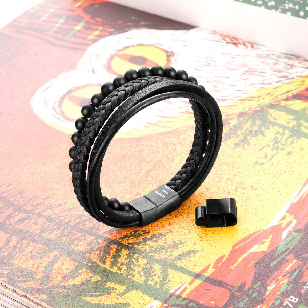murtoo Mens Bead Leather Bracelet, Natural Bead, Steel and Leather Bracelet for Men Christmas Gift (black onyx bead)