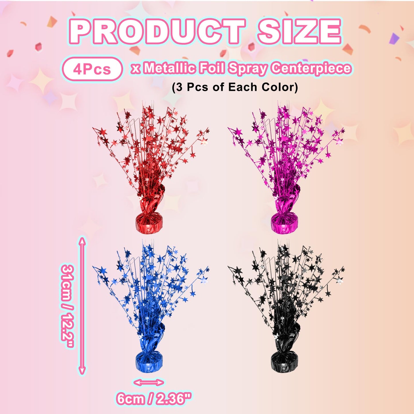uxcell 4Pcs Metallic Foil Spray Centerpiece, 12.2" Star Table Decoration Spray Decoration for Christmas Wedding Birthday Party Graduation Celebration New Year, Black/Red/Rose Red /Blue