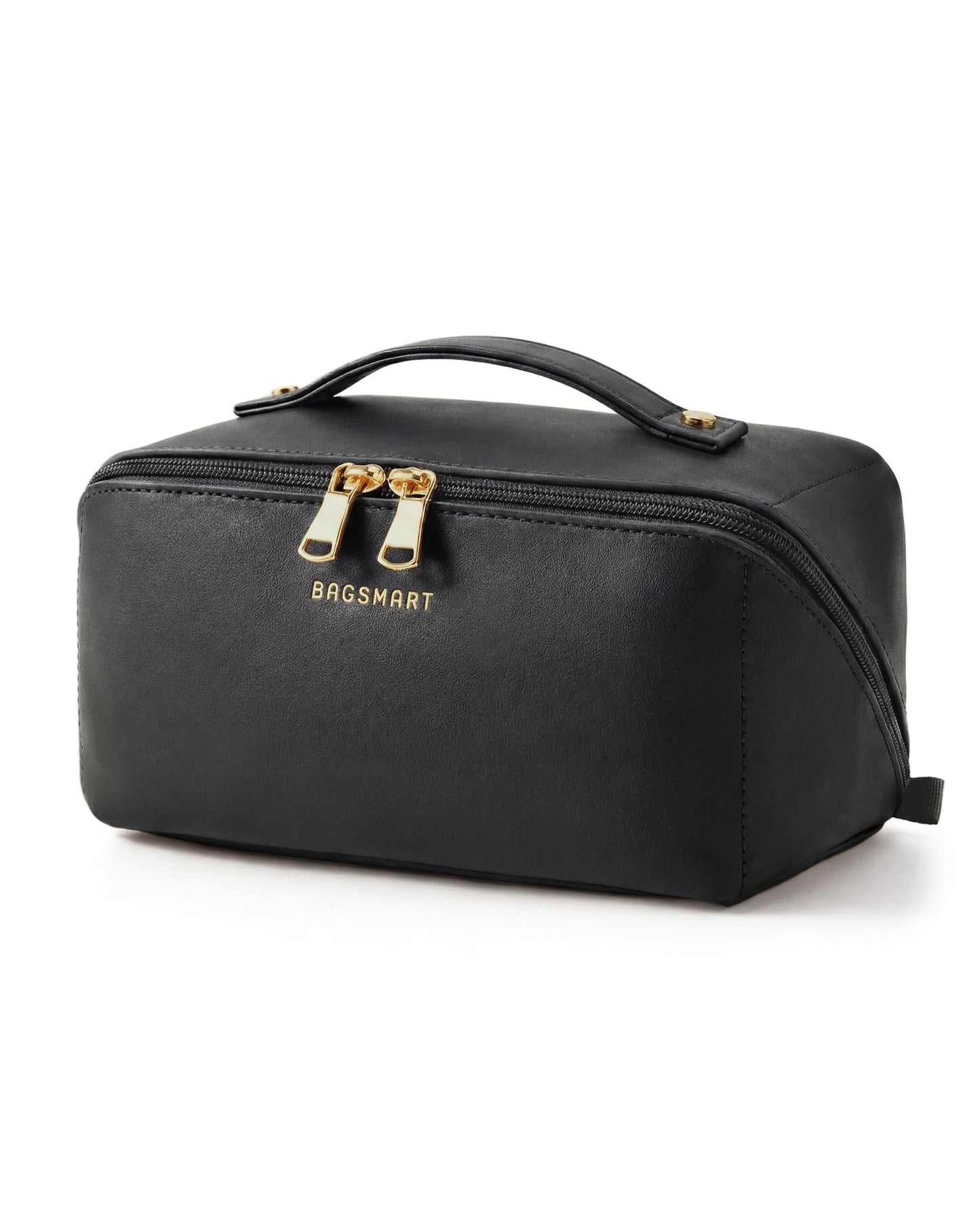 BAGSMART Makeup Bag Travel Cosmetic Bag, Large Make Up Bag Flat Open Toiletry Bag for Women, Waterproof PU Leather Travel Essentials Organizer Case, Wide-open Pouch Purse for Skincare, Brushes, Black
