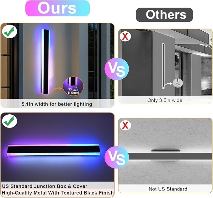 2 Pack Outdoor Led Wall Light, 48 inch Modern RGB Outdoor Wall Lights for Patio, Dimmable Exterior Long Linear Lighting, Wall Mounted Light Fixtures for Porch, Garage, Front Door