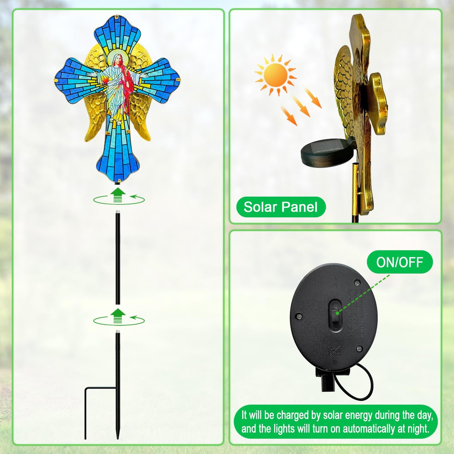 Solar Jesus Cross for Gemetery Graver,Golden Angel Wings,Grave Decorations for Cemetery,Sympathy Memorial Gifts,Christmas Yard Decor Outdoor