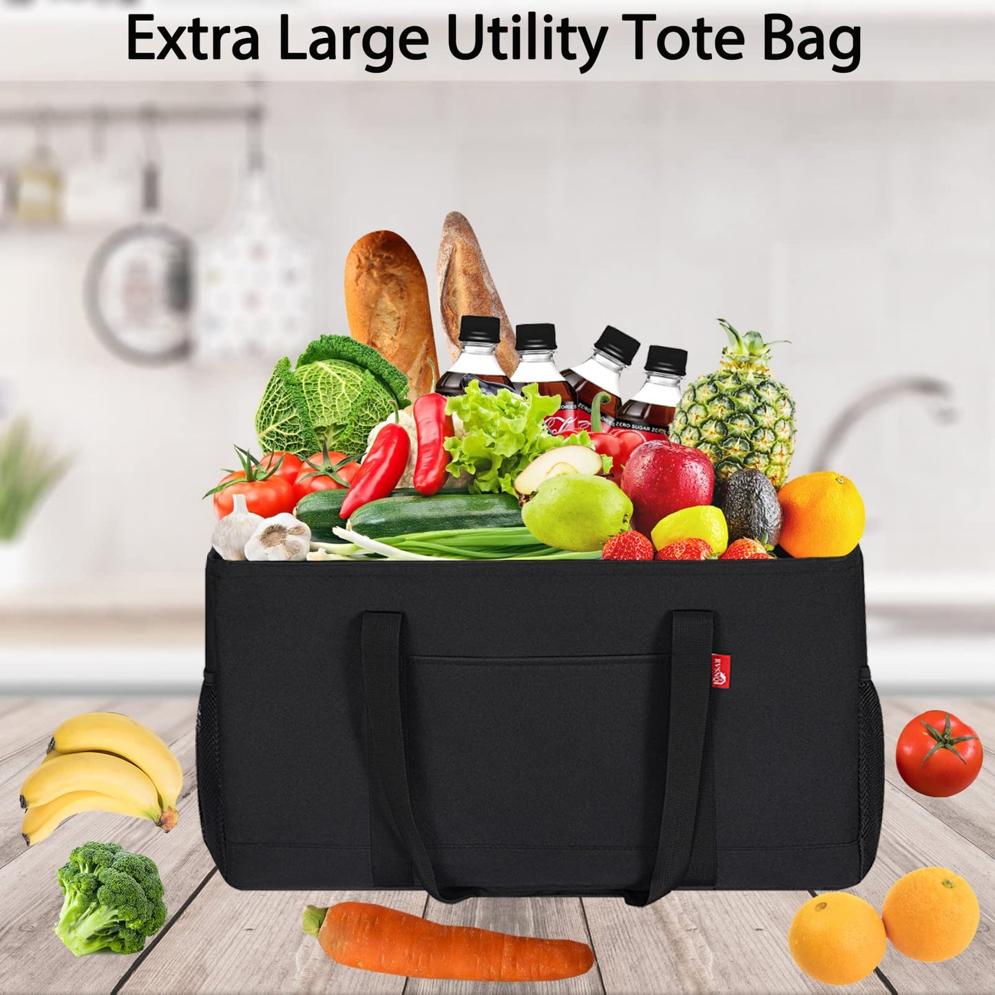 RVSNQ Extra Large Utility Tote Bag, Foldable Reusable Grocery Bags with Metal Wire Frame & Reinforced Bottom Board, Stand Up Large Utility Tote for Shopping, Beach Bag, Laundry, Car (Black)