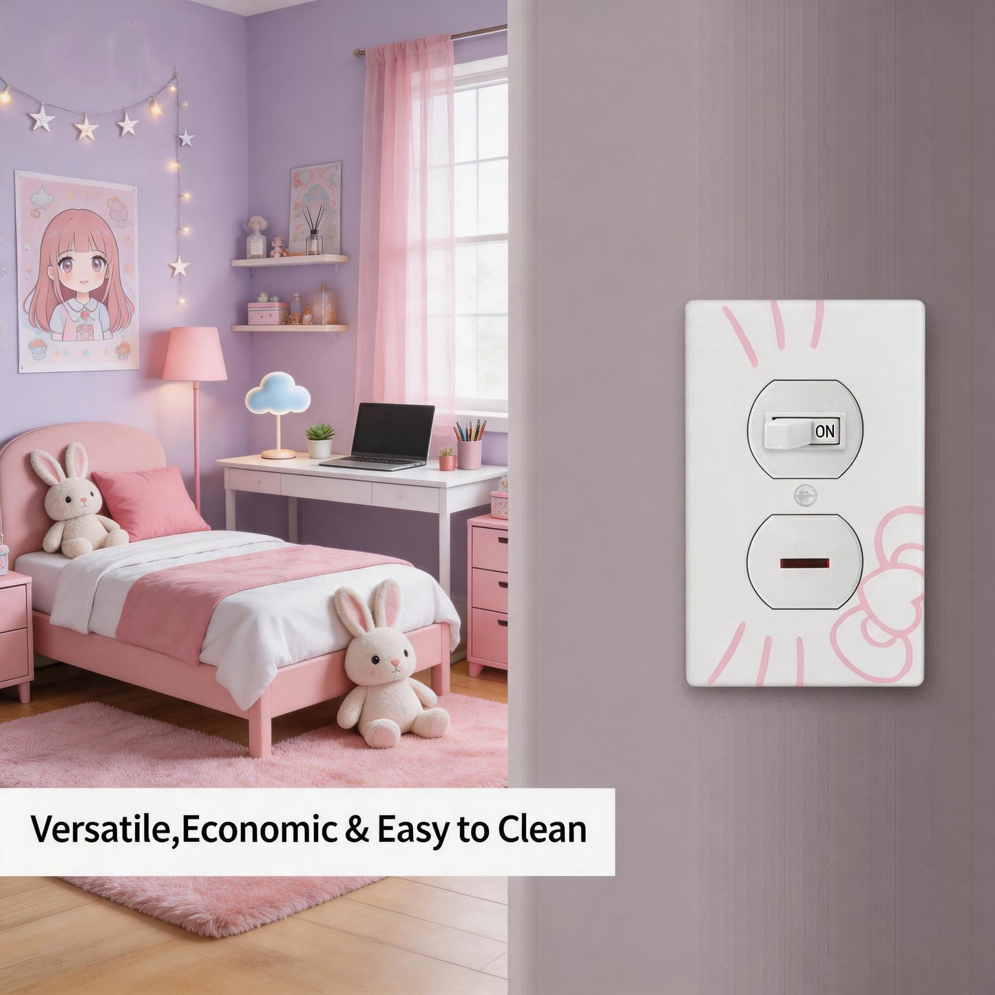 Cute Duplex Outlet Covers, Kawaii Wall Decor, Pink Light Switch Cover Wall Plate, Bedroom Decorative, for Fans Girls Kids Birthday Christmas Valentine's Day Gifts, White, 2pcs