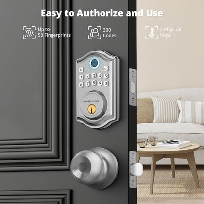 Keyless Entry Door Lock with Handle Set - Fingerprint Door Locks, Electronic Keypad Deadbolt, Smart Locks for Front Door, Auto-Lock & One Touch Locking, Easy Installation - Satin Nickel