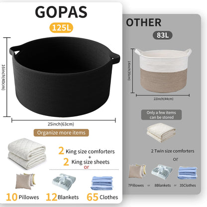 GOPAS 125L Extra Large Blanket Basket, 25" x 16", Jumbo Laundry Woven Baskets Decorative Home, Cotton Rope Basket with Handles, Baby Toy Baskets for Storage, Black