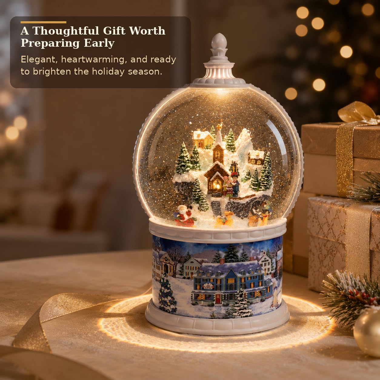 Large Lighted Snow Globe Lantern, 10.24" Winter Village Music Box with Moving Glitter & Rotating Carousel, USB & Battery Operated Night Light, 6H Timer, Snow Globe Gift for Women Mom Grandma Adults