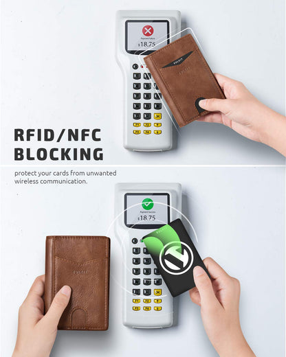 VULKIT Bifold Front Pocket Slim Wallet RFID Blocking Minimalist Thin Leather Credit Card Holder Wallet for Men and Women Brown