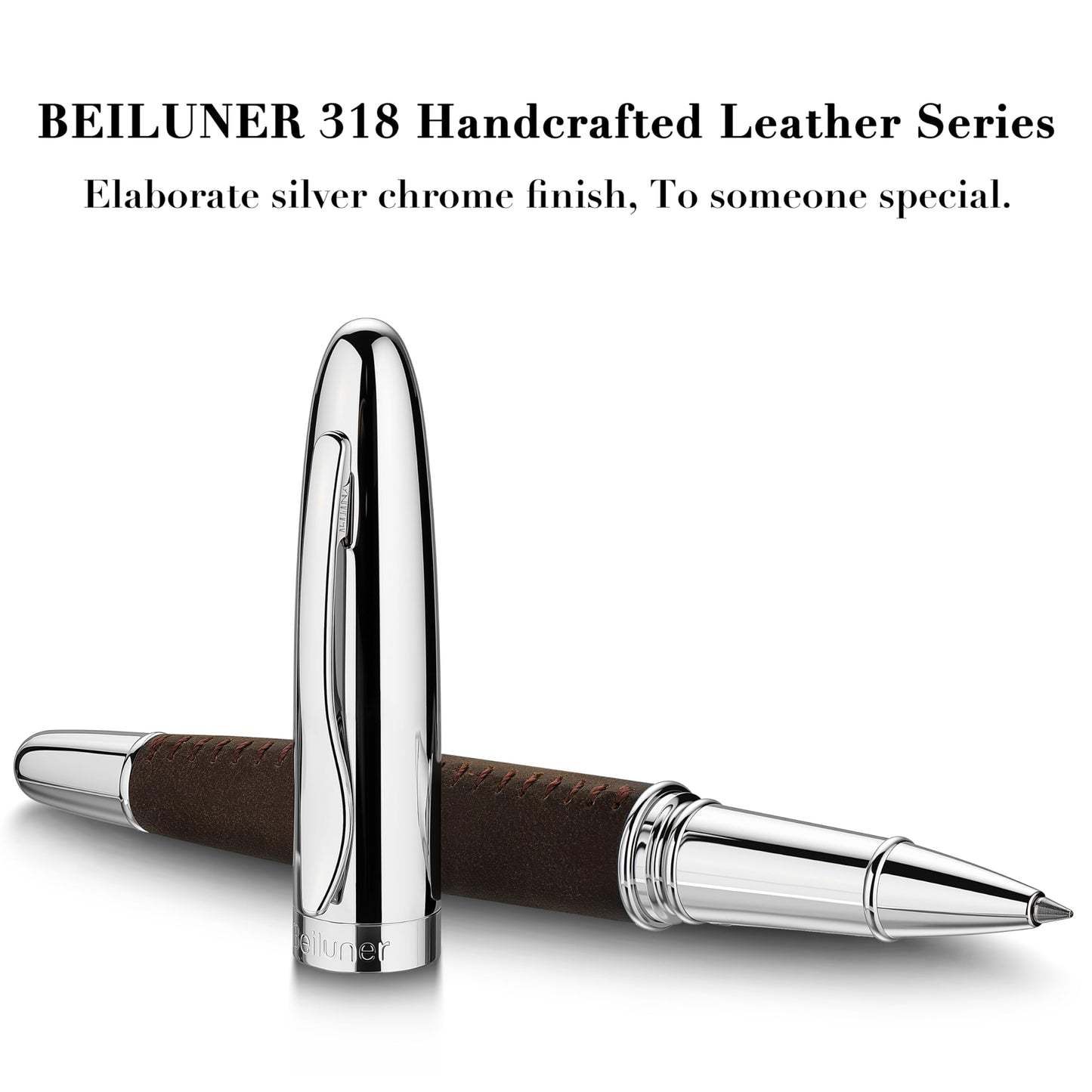 BEILUNER 318 Luxury Leather Pen, Full Grain Oil Tan Crazy Horse Cowhide Leather, Chrome-Plated Finish, Schmidt Ink Refill, Best Rollerball Pen Gift for Men & Women,Executive, Professional, Nice Pens